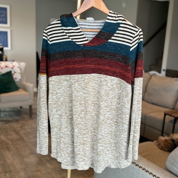 Wanna B Lightweight Beige, Blue, Red, & Yellow Striped Hoodie - Size Large - Picture 1 of 7